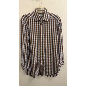 Kiton Napoli Mens 16 41 Brown Blue Plaid Cotton Long Sleeve Button Down Shirt